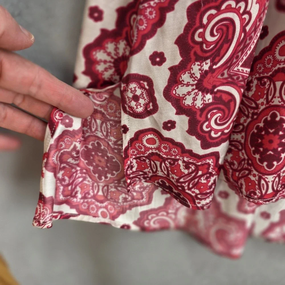 Odd Molly Anthropologie Midi Shift Dress‎ Red Paisley High Low Vneck Flowy